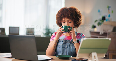 Buy stock photo Coffee, laptop and tablet with designer woman in office of small business for break as creative. Computer, development and startup with freelance entrepreneur drinking caffeine beverage at work
