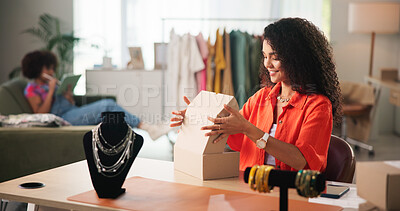 Buy stock photo Startup, jewelry and woman with box for order for small business, designer and retail supplier. Package, office and happy person with accessories for inventory, ecommerce and shipping for boutique