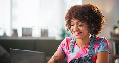 Buy stock photo Happy, freelancer and woman with laptop, creative and smile for positive feedback on website and home. Reading, graphic designer and person with tech for ux design, online or review of project on app