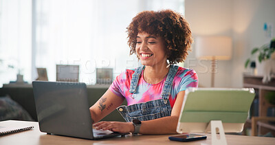 Buy stock photo Woman, fashion designer and smile by laptop for search for material, deal and discount on web at workshop. Person, pc and happy for typing with online shopping for fabric, sale and email at studio