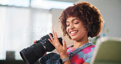 Buy stock photo Happy woman, photographer or home with camera for production, content creation or small business. Female person, freelancer or remote worker with smile or technology for digital photography at house