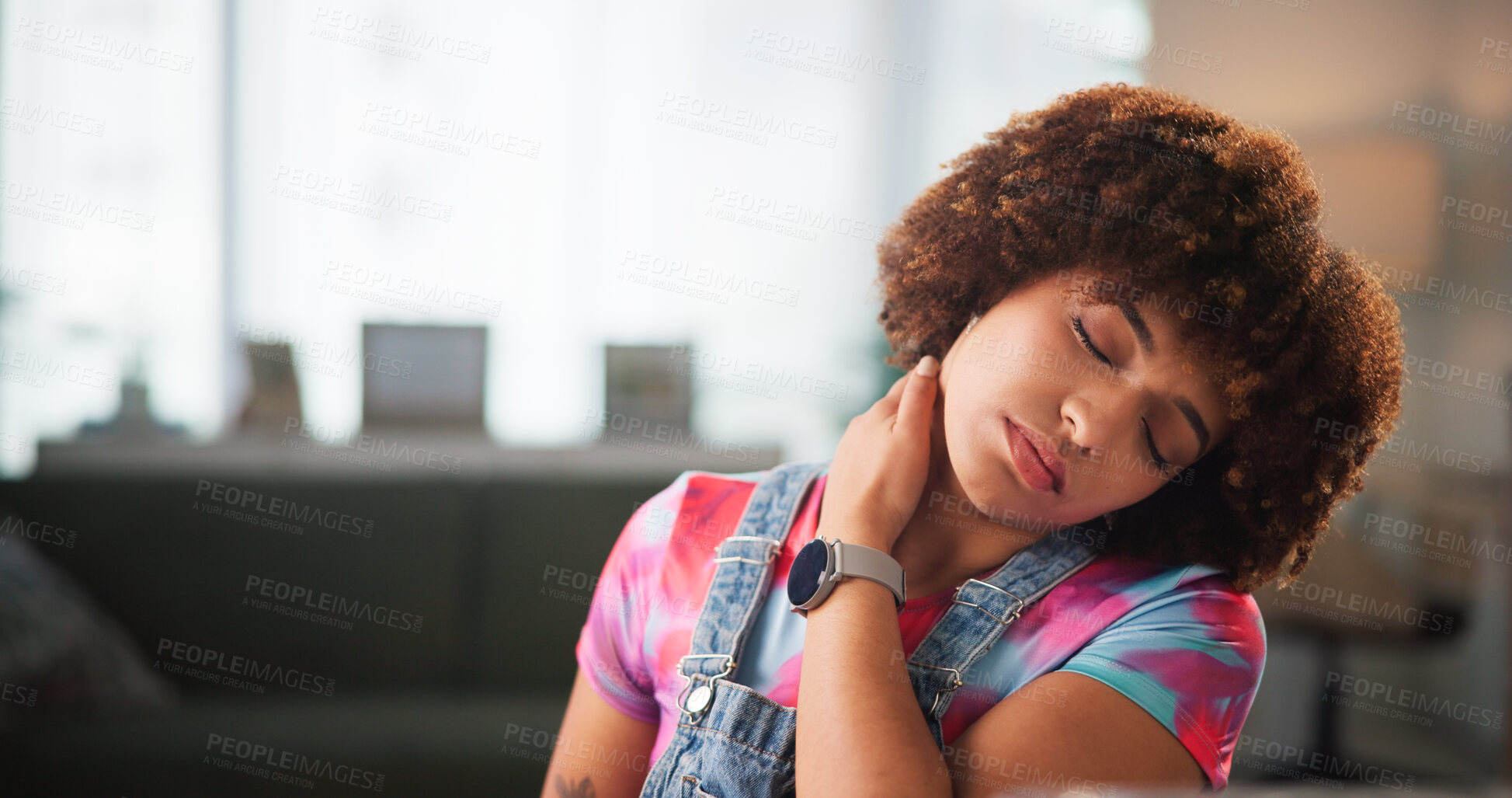 Buy stock photo Woman, neck pain and home with stress for bad posture, joint inflammation or pressure. Female person, freelancer or remote worker with sore ache, strain or injury for burnout or overworked at house