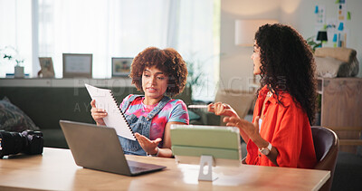 Buy stock photo Women, documents or discussion with laptop for small business, budget or expenses at home. Female people, freelancers or remote workers with paperwork, technology or cost for online startup at house