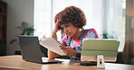 Frustrated woman, laptop and documents with stress for debt review, missed payment or bills at home. Female person, bankruptcy or freelancer with paperwork for financial crisis or expenses at house