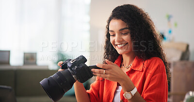 Buy stock photo Happy woman, photographer and small business with camera for editing, retouch or online content creation. Female person, freelancer or remote worker with smile, technology or lens for production