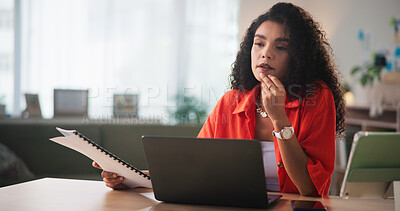 Buy stock photo Thinking, business and woman in workspace, planning and research for ecommerce, decision and contemplation. Person, laptop and entrepreneur in office, choice and problem solving with solution or idea