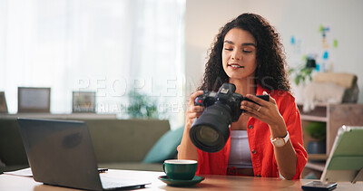 Buy stock photo Happy woman, photographer and laptop with camera for editing, retouch or online content creation. Female person, freelancer or remote worker with smile, technology or lens for production business