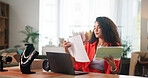 Business, jewelry and woman with documents on laptop for startup, designer and retail supplier. Paperwork, office and person with accessories for inventory, ecommerce and shipping for boutique