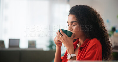 Buy stock photo Break, drinking and woman with coffee, enjoy and girl with hot beverage in house, relax or morning. Home, calm and person with tea cup in living room, satisfaction or peace with caffeine in apartment