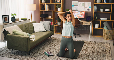 Buy stock photo Woman, yoga and stretching arms with tablet for online tutorial, exercise tips or workout at home. Female person, yogi or warm up with technology for physical activity, pilates or fitness on mat