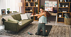 Meditation, stretching and woman with tablet, calm and self awareness in morning, wellness and digital. House, mindfulness and person with tech for routine, spiritual or tips on web for stress relief