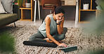 Home, fitness and woman with tablet, thinking or influencer with website for morning routine. Track progress, internet or mature person on mat, tech or app with wellness and thoughtful with balance