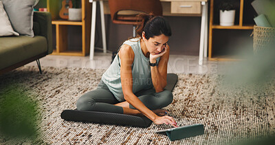 Buy stock photo Home, fitness and woman with tablet, thinking or influencer with website for morning routine. Track progress, internet or mature person on mat, tech or app with wellness and thoughtful with balance