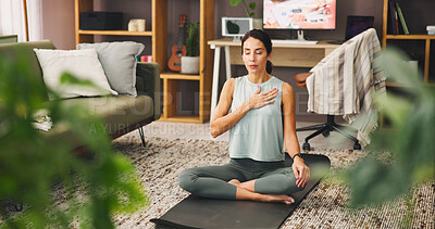 Buy stock photo Meditation, breathing and woman in home, calm and self awareness in morning, wellness and living room. House, mindfulness and person with routine for health, spiritual and stress relief in lounge