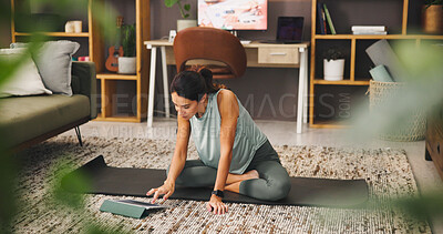 Buy stock photo Home, yoga and woman with tablet, internet or fitness with website for morning routine. Track progress, relax or mature person on mat, tech or app with wellness, online reading or stress relief