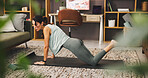 Woman, tablet and yoga with online tutorial on mat for workout routine, exercise or tips at home. Female person, yogi or user with technology for pilates, fitness or health and wellness at house