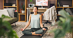Calm woman, meditation and healing with lotus for spiritual wellness or mindfulness at home. Female person, yogi or relax with inner peace or zen for stress relief, balance or awareness at house
