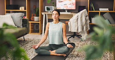 Buy stock photo Calm woman, meditation and healing with lotus for spiritual wellness or mindfulness at home. Female person, yogi or relax with inner peace or zen for stress relief, balance or awareness at house