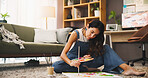 Home, painting and woman on carpet, creative development and freelance designer with artistic expression. Mature person, relax and painter on floor, brushes and canvas with  abstract project or ideas