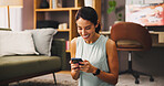 Woman, smartphone and happy with exercise break in house, influencer and social media comment response. Mobile app, email or fitness blog with positive review, post communication or workout chat