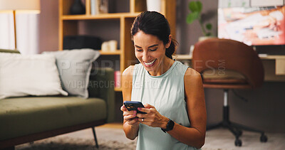 Buy stock photo Woman, smartphone and happy with exercise break in house, influencer and social media comment response. Mobile app, email or fitness blog with positive review, post communication or workout chat