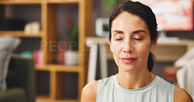 Buy stock photo Calm woman, meditation or relax with breathing exercise for spiritual wellness or mindfulness at home. Female person, yogi or zen with inner peace for stress relief, balance or awareness at house