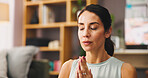 Calm woman, meditation and healing with namaste for spiritual wellness or mindfulness at home. Female person, yogi or relax with inner peace or zen for stress relief, balance or awareness at house