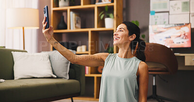 Buy stock photo Selfie, woman and home with fitness break for social media post, photography or memory in lounge. Health blog, exercise influencer and person in  house for content creation with smile for picture