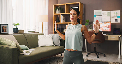 Buy stock photo Woman, exercise and health for yoga in home, breathing and wellness with holistic activity in living room. Fitness, stretching and female yogi in house for balance, wellbeing and pilates warm up