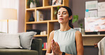 Woman, meditation and healing with namaste for mindfulness or spiritual wellness at home. Female person, calm yogi or relax with inner peace or zen for stress relief, balance or awareness at house