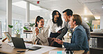 Collaboration, meeting and success with business people in office for goals, milestone or target. Bonus, good news and winner with employee team in corporate workplace for achievement or deal
