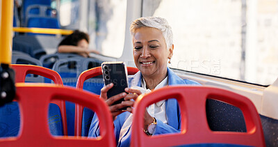 Buy stock photo Cellphone, smile and businesswoman on bus for travel checking email, communication or contact. Phone, connectivity and female manager with networking online for commute on public transport in city.