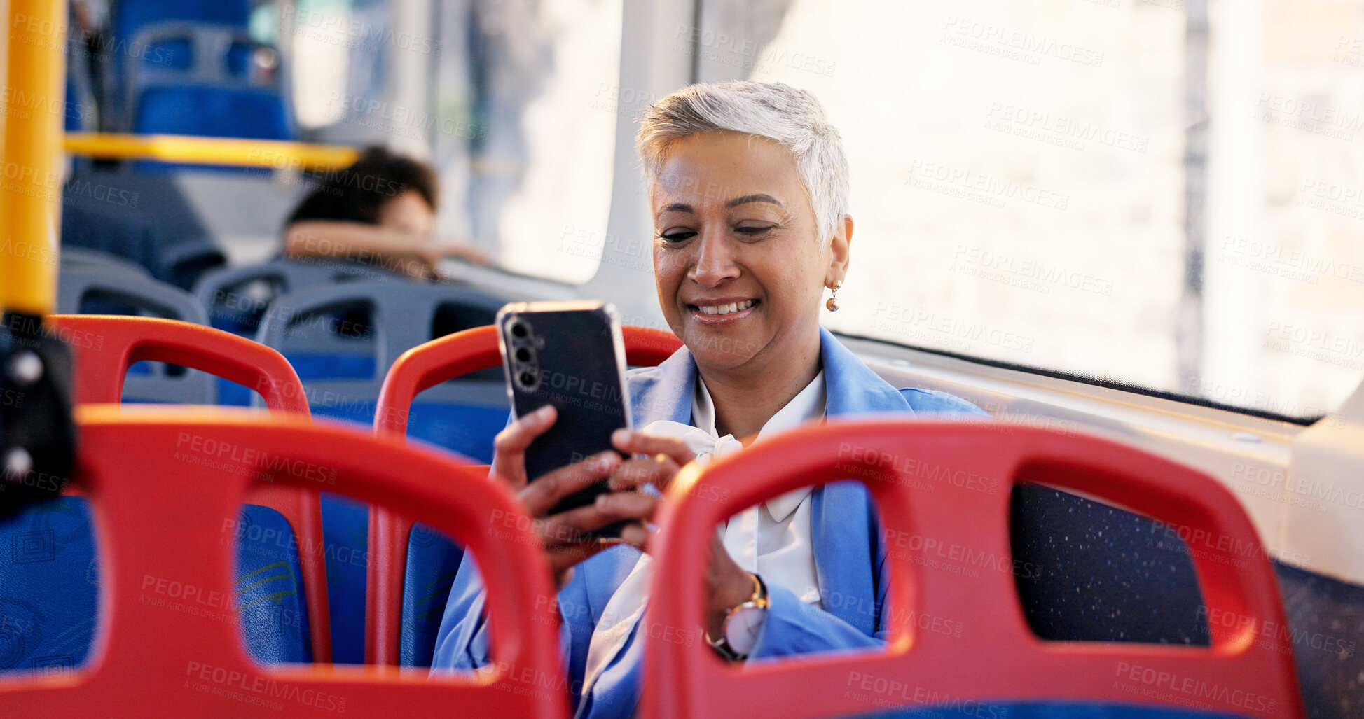 Buy stock photo Cellphone, smile and businesswoman on bus for travel checking email, communication or contact. Phone, connectivity and female manager with networking online for commute on public transport in city.