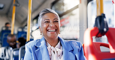Buy stock photo Business, laughing and travel with woman on bus for commute to work destination in morning. Portrait, happy or public transportation with excited mature employee in vehicle for journey or trip to job