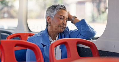 Buy stock photo Business, commute and sleeping with woman on bus for travel or work destination in morning. Burnout, fatigue and public transportation with mature employee in vehicle for journey or trip to job