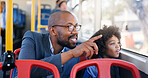 Window, man and child in bus, pointing and smile for view in public transport, bonding and commuting. Happy, dad and journey with kid in vehicle, passenger and sightseeing with boy, curious or travel