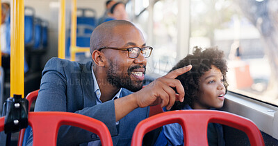 Buy stock photo Window, man and child in bus, pointing and smile for view in public transport, bonding and commuting. Happy, dad and journey with kid in vehicle, passenger and sightseeing with boy, curious or travel