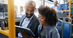 Smile, tablet and child with father in bus for morning commute, journey and trip with video. Technology, parent and boy in public transport for learning, travel and game for entertainment on internet
