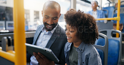 Buy stock photo Smile, tablet and child with father in bus for morning commute, journey and trip with video. Technology, parent and boy in public transport for learning, travel and game for entertainment on internet