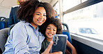 Happy, child and mother with phone on bus for morning commute or social media post. Online message, passenger or kid in city with mom, parent or smile in public transport for funny meme in New York 