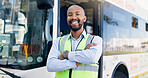 Arms crossed, bus stop and portrait of black man at station for commute, public transportation or service. Driver, smile and uniform with happy coach conductor outdoor for journey, tour or travel