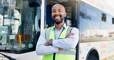 Buy stock photo Arms crossed, bus stop and portrait of black man at station for commute, public transportation or service. Driver, smile and uniform with happy coach conductor outdoor for journey, tour or travel