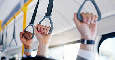 Buy stock photo People, hands and bus handrail with travel for morning commute, safety grip and ride stability. Closeup, passenger and handle on public transport for trip security, shuttle balance or journey