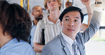 Buy stock photo Business, commute and thinking with Asian man on bus for public transportation to work destination. Idea, travel and waiting with corporate employee on coach or shuttle for morning journey to job