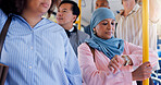 Travel, woman and check watch on bus for traffic delay, morning commute and late for appointment. Passenger, mature person and time on public transport for meeting deadline, schedule and ride journey