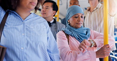 Buy stock photo Travel, woman and check watch on bus for traffic delay, morning commute and late for appointment. Passenger, mature person and time on public transport for meeting deadline, schedule and ride journey
