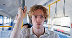 Music, travel and man in bus with headphones for streaming podcast, song and playlist on morning commute. Public transport, passenger and listening to audio, sound and student thinking on journey