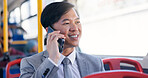 Business, commute and phone call with Asian man on bus for public transportation to work destination. Conversation, smile and travel with happy employee on coach or shuttle for morning journey to job