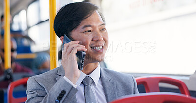 Buy stock photo Business, commute and phone call with Asian man on bus for public transportation to work destination. Conversation, smile and travel with happy employee on coach or shuttle for morning journey to job