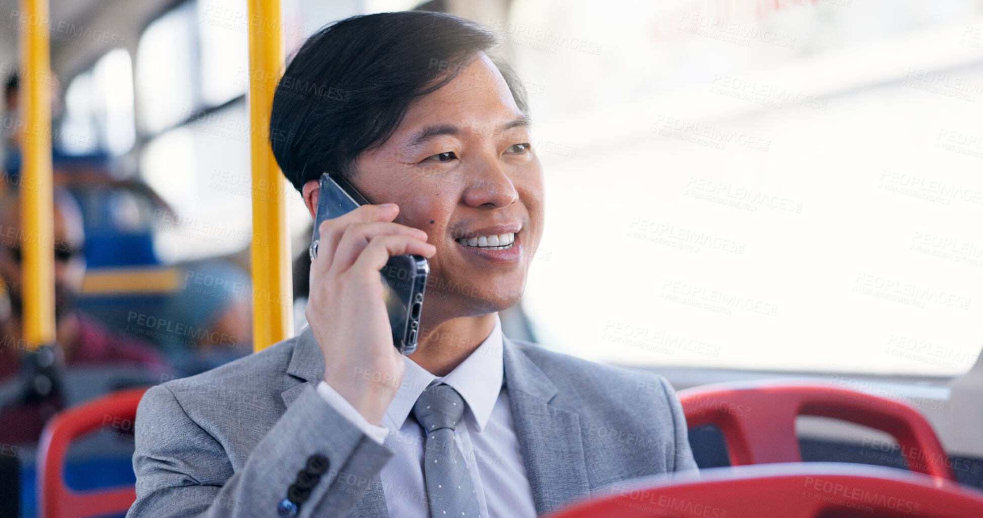 Buy stock photo Business, commute and phone call with Asian man on bus for public transportation to work destination. Conversation, smile and travel with happy employee on coach or shuttle for morning journey to job